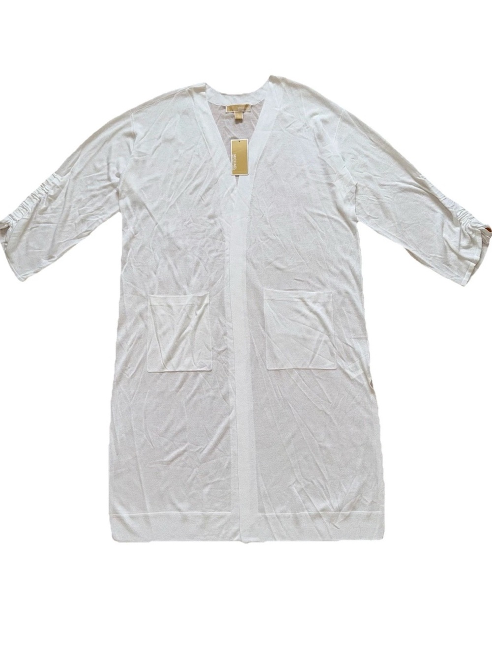 Michael Kors Women Sz XL White Long Knit Cardigan with Ruched Sleeves Open Front
